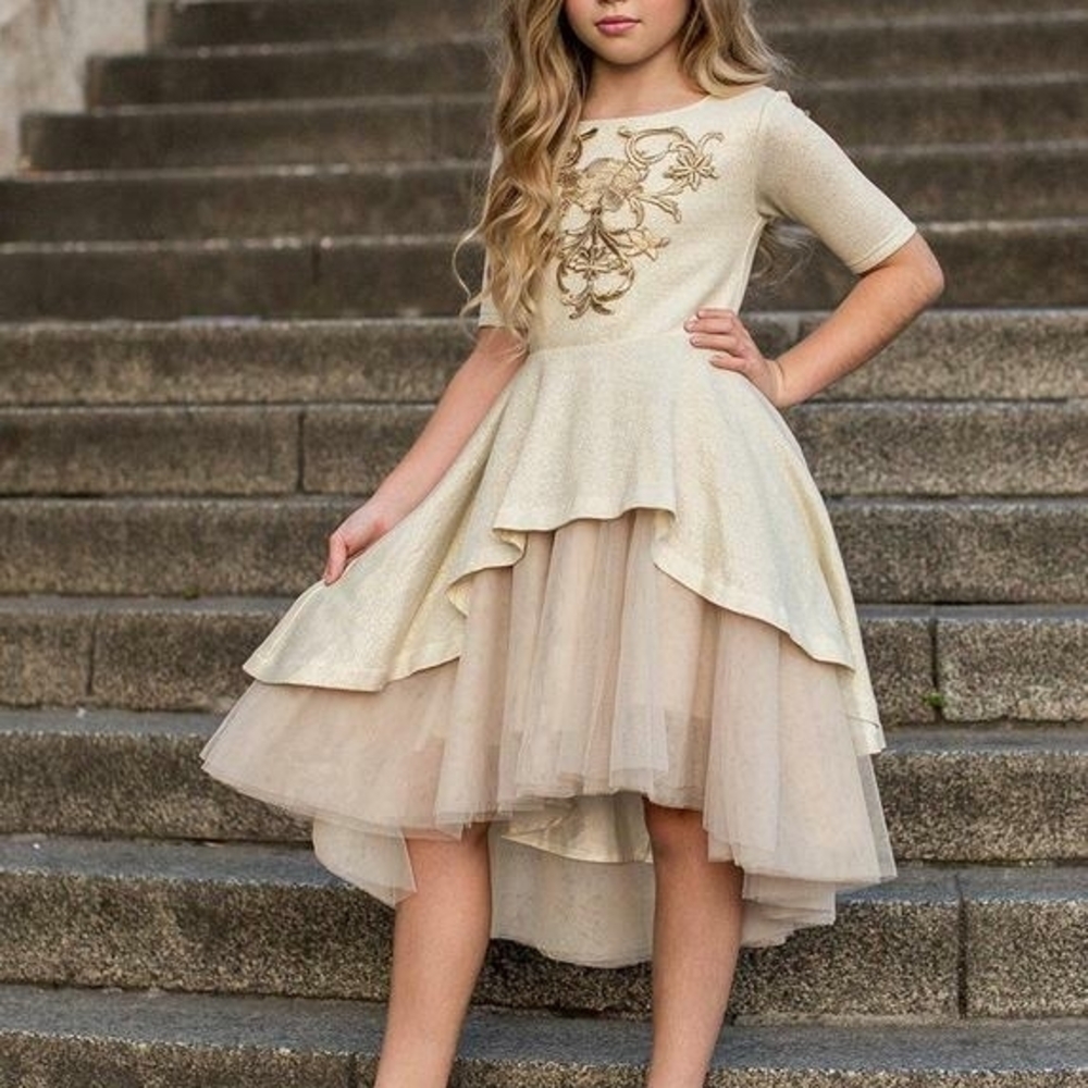 Joyfolie Cream and Gold Layered Kids Dress
